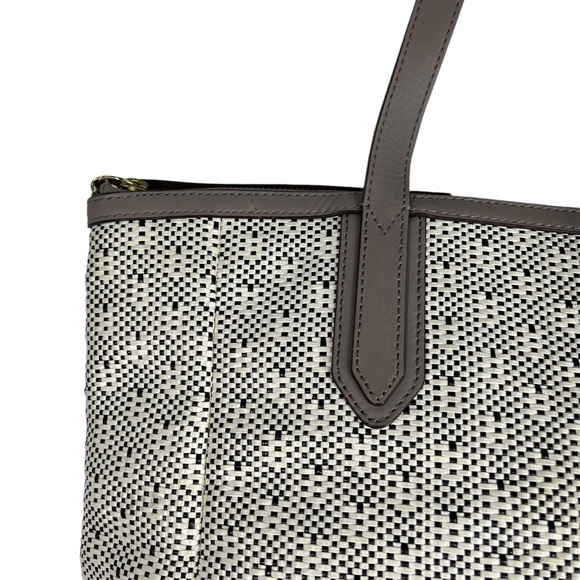 FOSSIL Sydney Tote Ivory Woven Grey Leather Trim with Gold Hardware - Picture 2 of 12